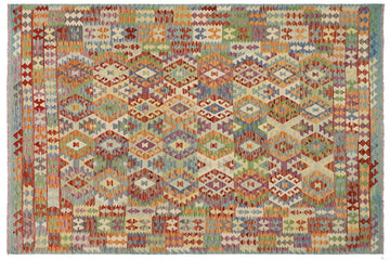 Flat Weave Kilim, Antique, Navaho, Vintage, Handmade, Geometric Kilim Rust Blue Hand-Woven Rectangle 100% Wool Area Rug 8 x 10